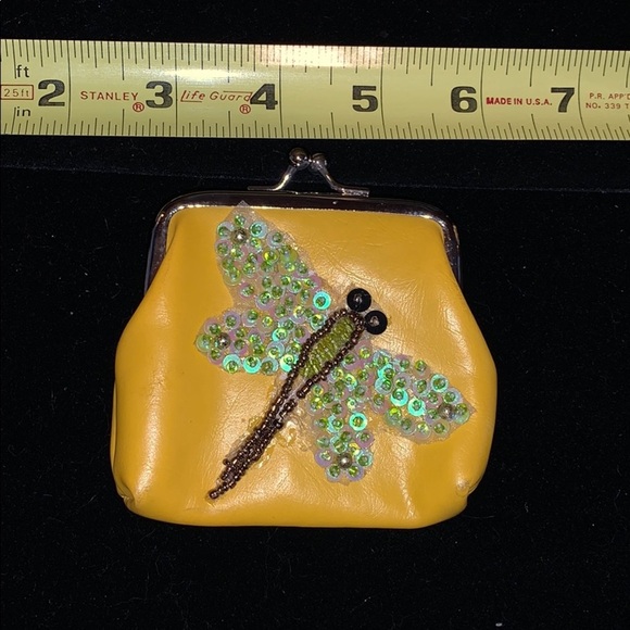 Yellow Coin Purse w/ Beaded Dragonfly on Front - Picture 1 of 4